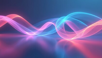 Abstract glowing wavy lines in blue and pink hues create a dynamic flowing pattern on a dark background. The smooth curves suggest motion and energy, suitable for tech concepts.