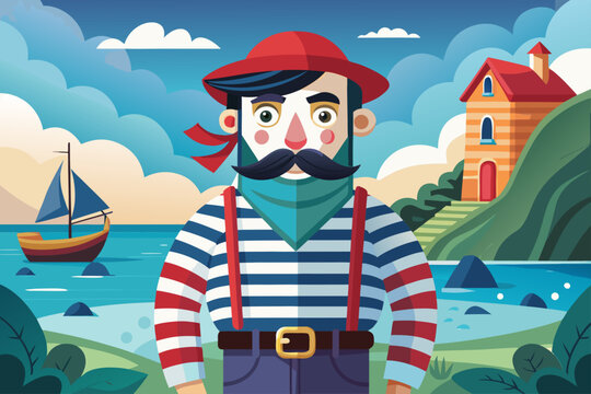 Basque fisherman in local striped shirt vector, dark pants, red belt, and beret, representing coastal heritage