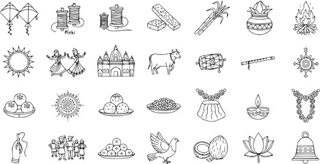 Hand Drawn Indian Festival Elements Line Art Icons Set - Cultural Symbols for Makar Sankranti, Pongal, Lohri, and Traditional Celebrations
