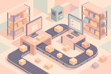 Obraz premium Pastel conveyor screens stylized belts center fulfillment geometric illustration vector