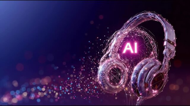 Single headphone displaying modern audio technology and ai-driven advertising concepts in a minimalistic design approach. Digital AI Headphones – Animated Video Version