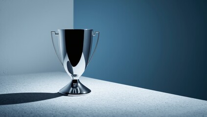 Silver trophy cup on a white surface with a blue background in studio