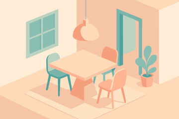 Lamp chairs dining area vector simplified illustration hanging geometric pastel