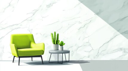 Modern lime green armchair & plants, marble wall, sunlit interior. Possible use Home decor, interior design, living room