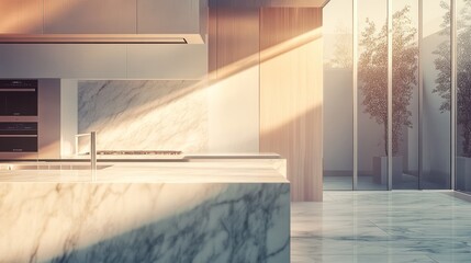 Modern kitchen with sunlight streaming through windows in a home setting