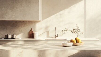 Kitchen countertop with bowl, lemons, utensils, and sunlight streaming in the background