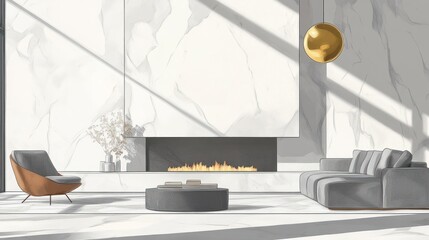 Modern living room with fire burning in fireplace, with couch and chair for interior design