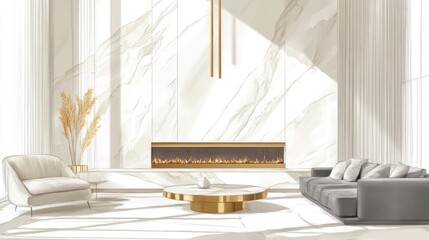 Living room with marble wall, couch, fireplace, and coffee table, for interior design