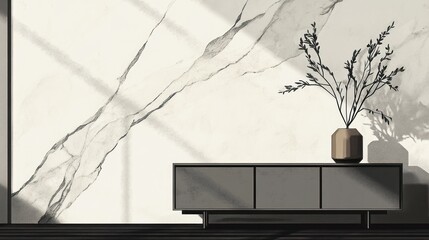 Modern minimalist interior design with marble wall and cabinet.  Possible use Home decor catalog, interior design magazine