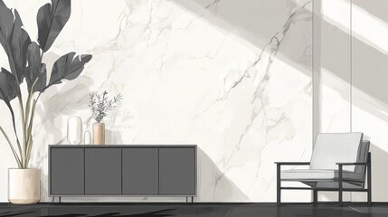 Modern interior, marble wall, furniture, sunlight, minimalist design,  home decor, photorealistic render, virtual space