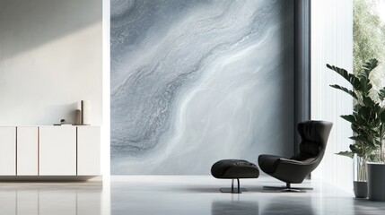 Modern minimalist living room with gray marble wall, black leather armchair, and potted plant. Interior design