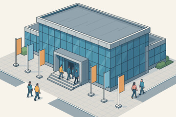 Exhibition center entering building visitors exterior banners vector glass modern illustration wide