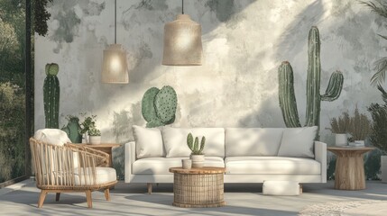 Modern outdoor living room with cacti wallpaper. Possible use Interior design