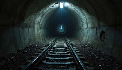 Fototapeta premium Dark, abandoned subway tunnel features railway tracks disappearing into vast distance. Old industrial light illuminates worn concrete walls. Rubble, dirt cover ground. Spooky underground path offers