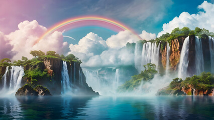 Surreal floating islands with waterfalls spilling into the sky, rainbow mist, fluffy clouds, dreamy color tones.