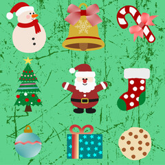 A cheerful Christmas icon set featuring gifts, Santa, snowflakes, stockings, Christmas trees, and ornaments. Perfect for holiday cards, web design, and festive branding projects.