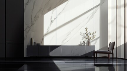 Modern interior design, sunlight, marble wall, minimalist furniture