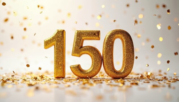 Golden numbers 150 with confetti. Festive background for anniversary or celebration event. Ideal for greeting cards posters and any design projects. Celebrate milestone or special date.