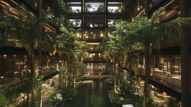 Gen Turbo movement through a stunning modern atrium filled with lush greenery and elegant lighting