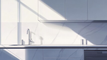 Bright kitchen with sunlight illuminating counter, sink and cabinets. Stock photo