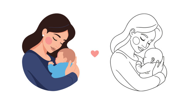 A tender illustration of a mother holding her newborn baby close with love and care.