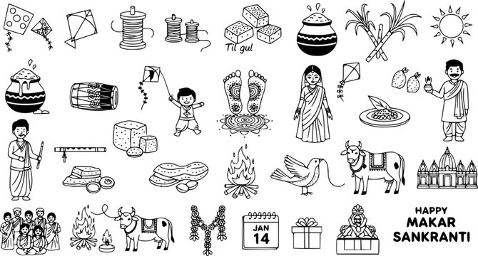 Makar Sankranti Festival Doodles: A collection of hand-drawn illustrations depicting traditional Indian harvest festival elements like kites, til gul, sugarcane, and celebratory rituals.