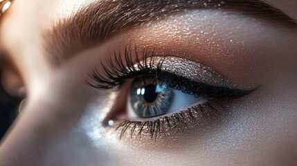 Close up of woman's eye with makeup and shadow for beauty marketing or blog