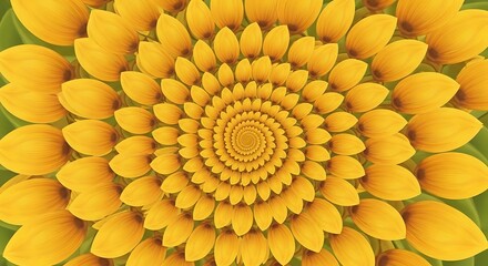 Hypnotic sunflower spiral with golden petals and radial symmetry against a soft green backdrop