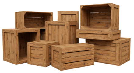 Stack of empty wooden crates made from natural wood for storage and decoration, rustic vintage style perfect for home or market displays