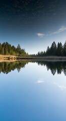 Still lake water reflecting trees and sky in serene natural setting