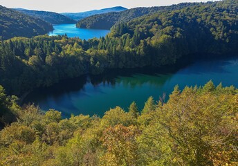 Panoramic view of the Plitvice Lakes from the observation deck in the mountains.