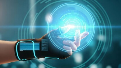 Hand in smart glove interacting with futuristic holographic interface - Powered by Adobe