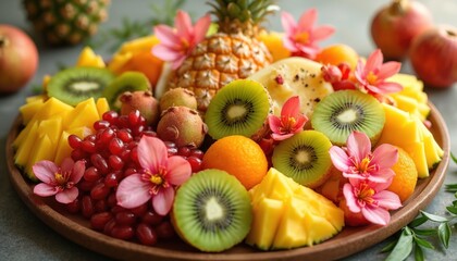 Various tropical fruits arranged on platter with flowers. Healthy eating concept with pineapple kiwi mango pomegranate. Summer dessert plate with vitamins refreshment. Organic vegetarian food