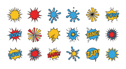 Array of 18 comicstyle graphics bursts splashes  words like POW BANG and ZAP in diverse colors