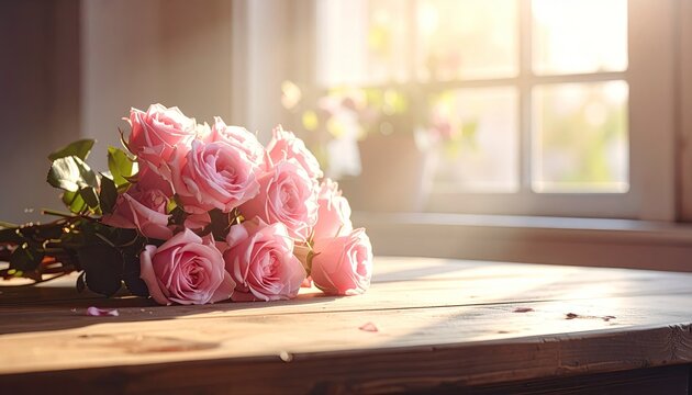 Soft pink roses lie on a rustic wooden table bathed in warm morning sunlight streaming through a nearby window with a blurred garden view creating a serene and romantic atmosphere.