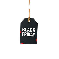 Black Friday sale tag glowing with red neon light, black background, futuristic cyber look, modern digital theme"