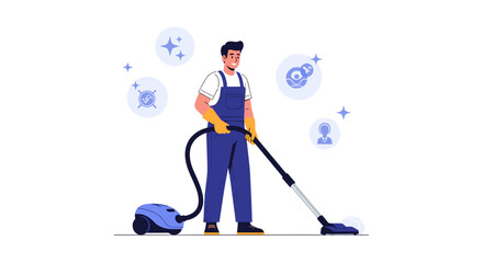 Professional cleaner vacuuming a clean floor with sparkling symbols above.