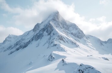 Fototapeta premium Snow covered mountain peak during winter season. White snow on mountain slope and top. Cloudy sky with sunlight. Landscape view of high altitude cold place.