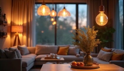 A cozy living space with warm lighting creates a relaxing ambiance. Modern interior design includes a sofa and a wooden table. Decorative elements add to the welcoming atmosphere of the room.