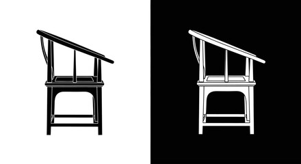 Monochrome illustration of an antique wooden scholar's chair with a slanted top, presented in positive and negative space.