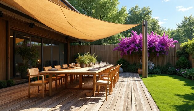 Wooden deck dining set in green garden under sun shade sail. Long table with chairs and place settings invites outdoor meal. Rich plants and bright flowers surround the patio space.