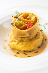 Gourmet filled pasta plated with creamy orange sauce, microgreens, and red garnish. Elegant fine dining presentation on white plate, minimalist and artistic.
