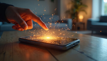 Person finger touches smartphone screen. Bright glowing particles explode from surface, connecting digital world today. Future tech interaction with mobile device. Data transfer, innovation, smart
