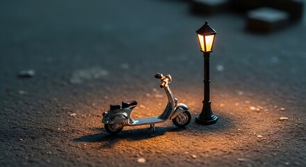 Miniature scooter and lamp post display with evocative urban mood