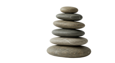 Stack of smooth gray balancing stones on a white background, symbolizing meditation, balance, and wellness, perfect for spa and relaxation themes