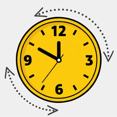 Modern minimalist yellow clock illustration with dotted arrow symbolizing time progression and productivity