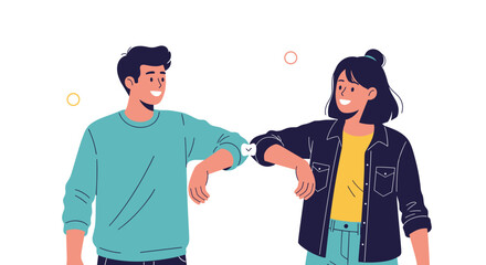 Two smiling young people greeting each other with elbow bump as a safe way to avoid spreading germs.