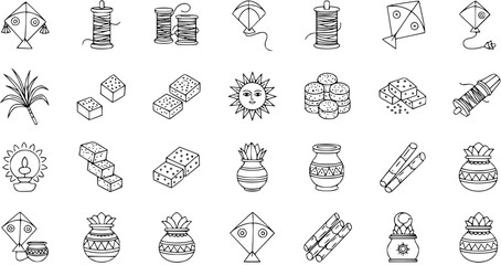 Makar Sankranti and Pongal Festival Icons Set. Linear vector illustration of traditional harvest celebration symbols: kites, thread, sun, sugarcane, jaggery, sweets, pots, lamp.