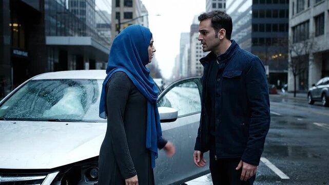 A man and woman confront each other next to a damaged car on a rainy city street