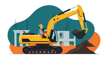 Construction worker operates a yellow excavator at a building site digging earth for development